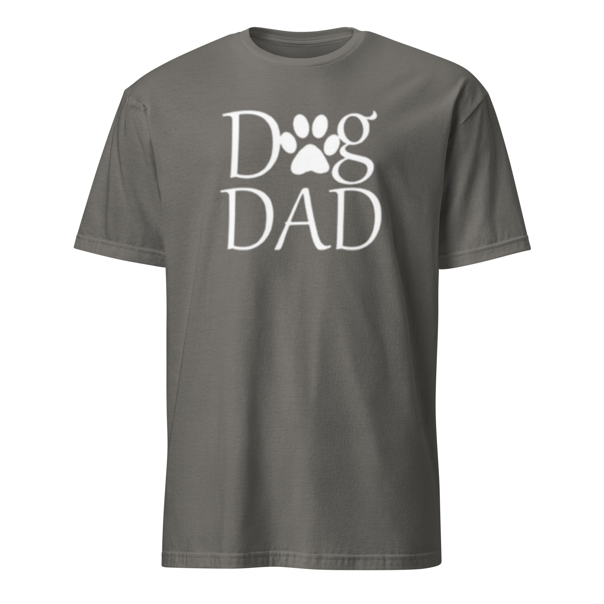 Gray t-shirt with 'Dog Dad' text and paw print on a white background