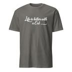 Gray t-shirt with white text on a white background
