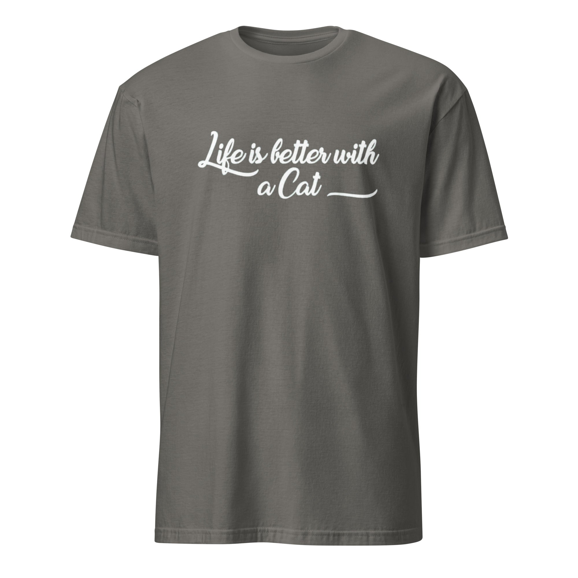 Gray t-shirt with white text on a white background