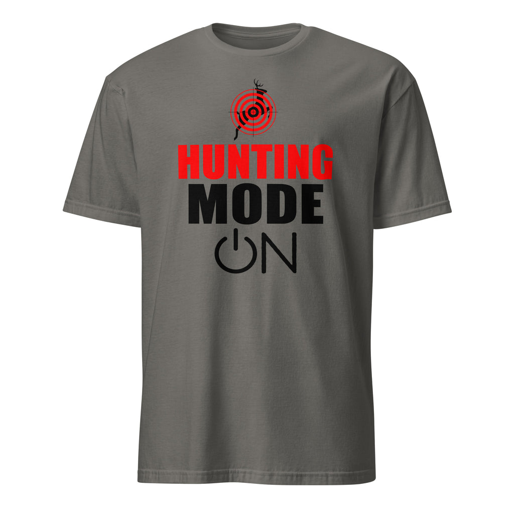 Charcoal t-shirt with 'Hunting Mode On' graphic and text on a white background