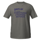 Dark Gray t-shirt with blue Gamer Definition text on a white background