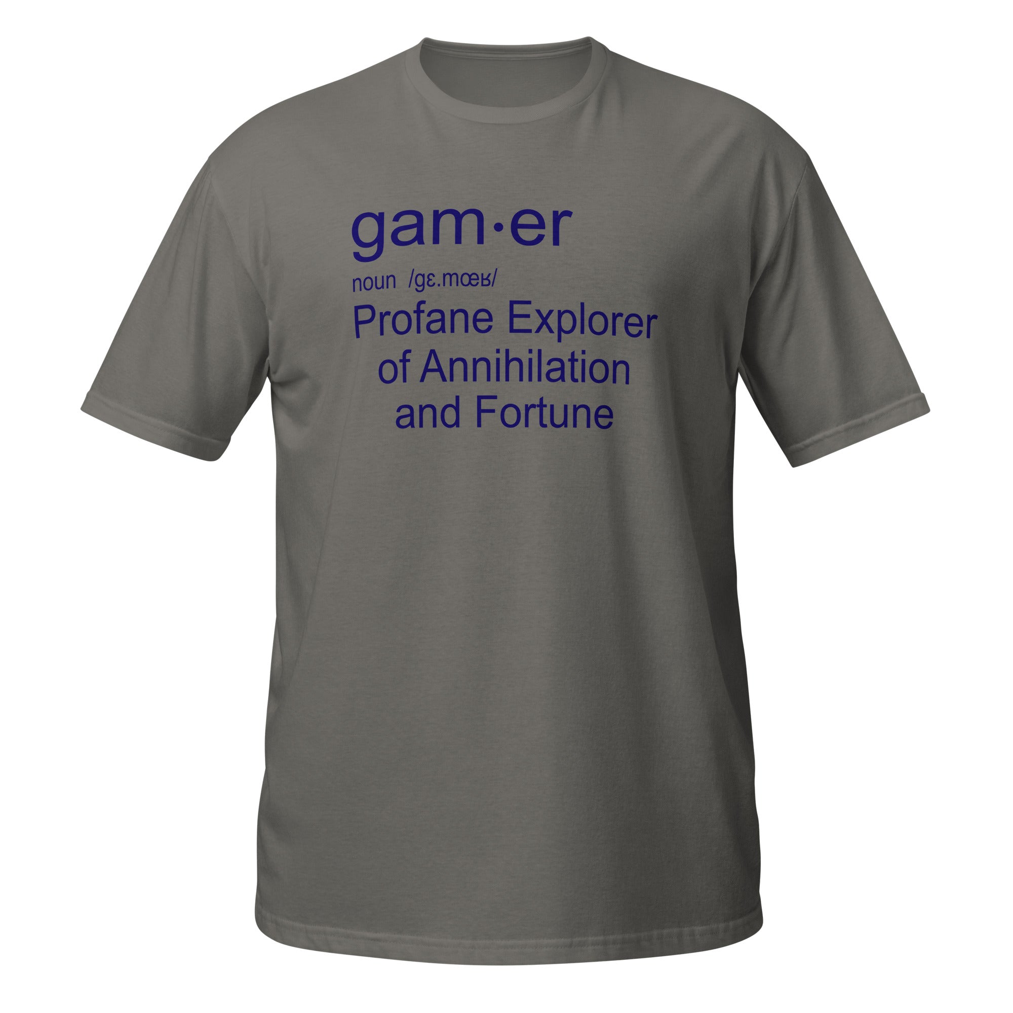 Dark Gray t-shirt with blue Gamer Definition text on a white background