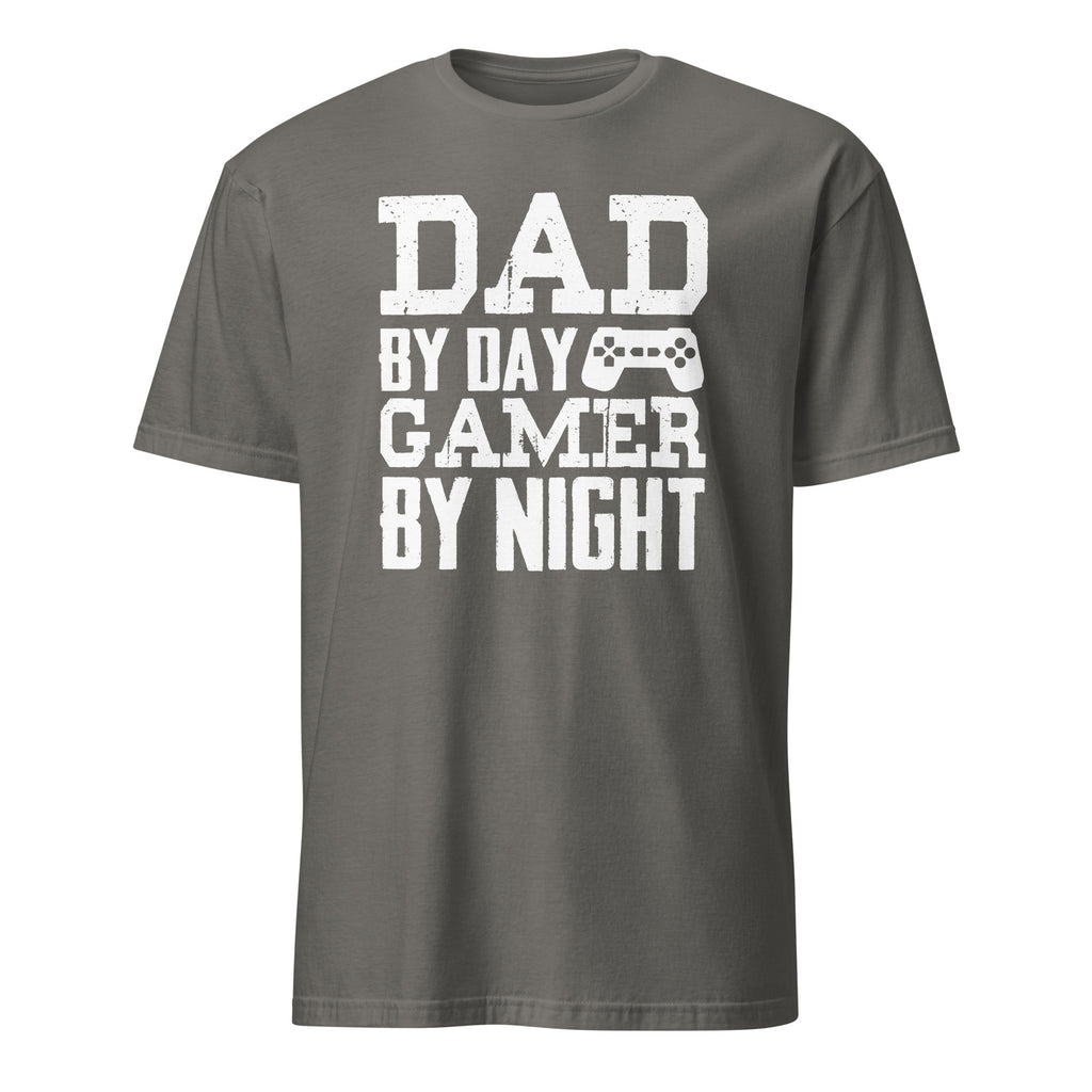 Dark Gray T-shirt with Dad By Day Gamer By NIght White Text