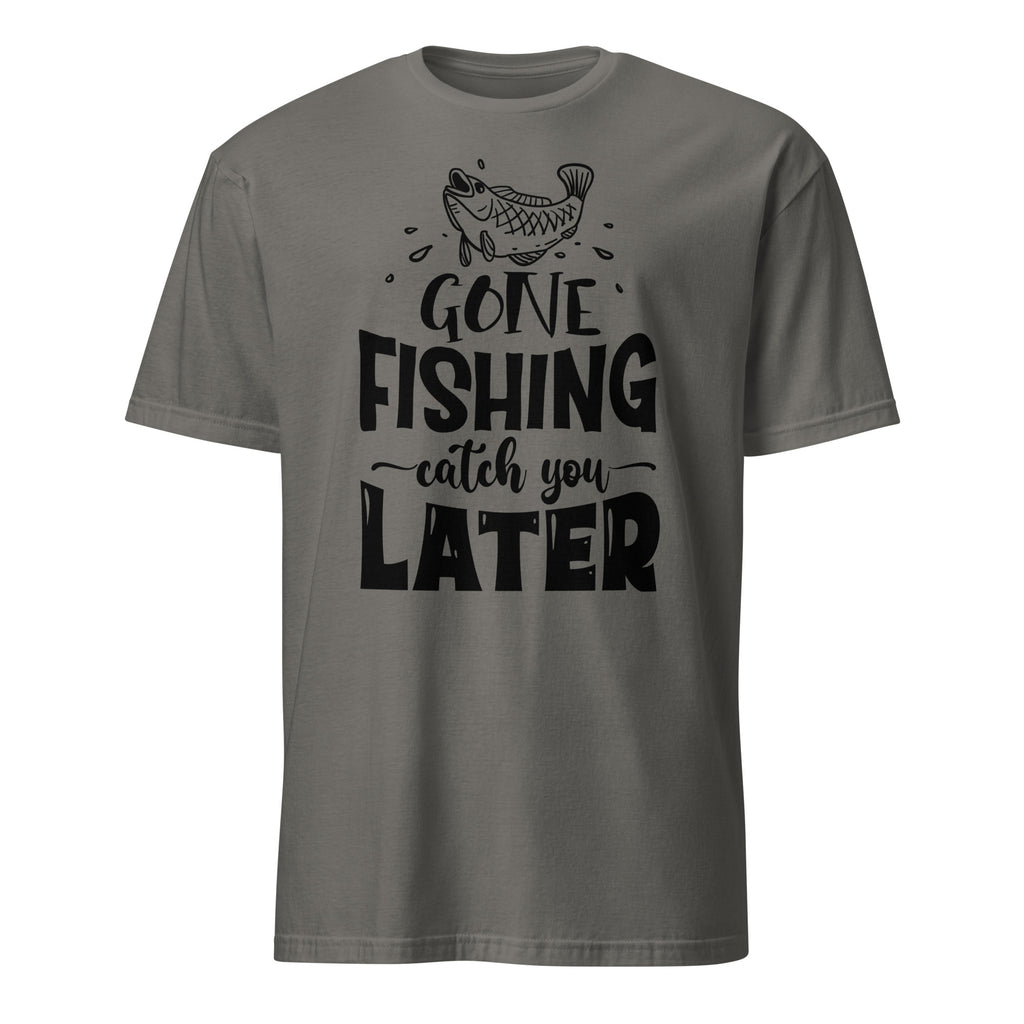 Dark Gray t-shirt with a fish graphic design and 'Gone Fishing Catch You Later' text on a white background