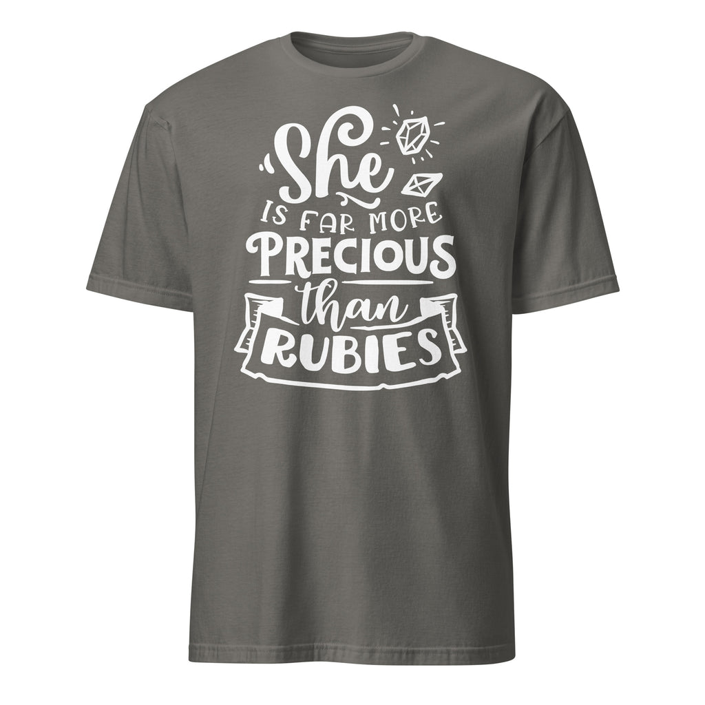 Dark gray t-shirt with a white triangle logo and text on a white background