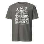 Dark gray t-shirt with a white triangle logo and text on a white background