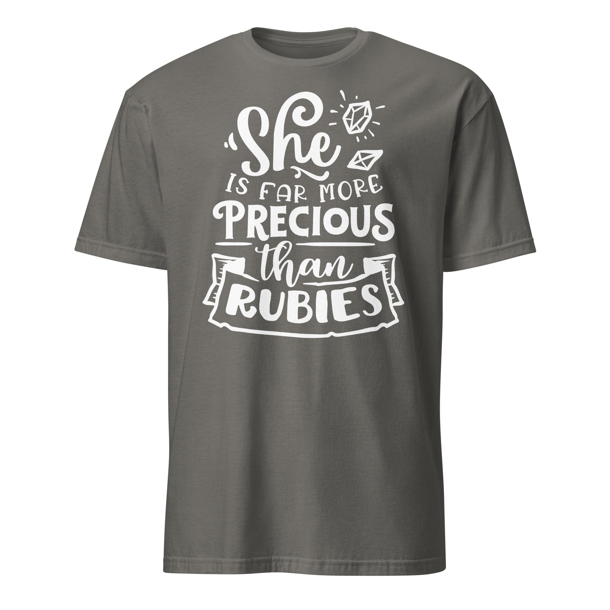 Dark gray t-shirt with a white triangle logo and text on a white background
