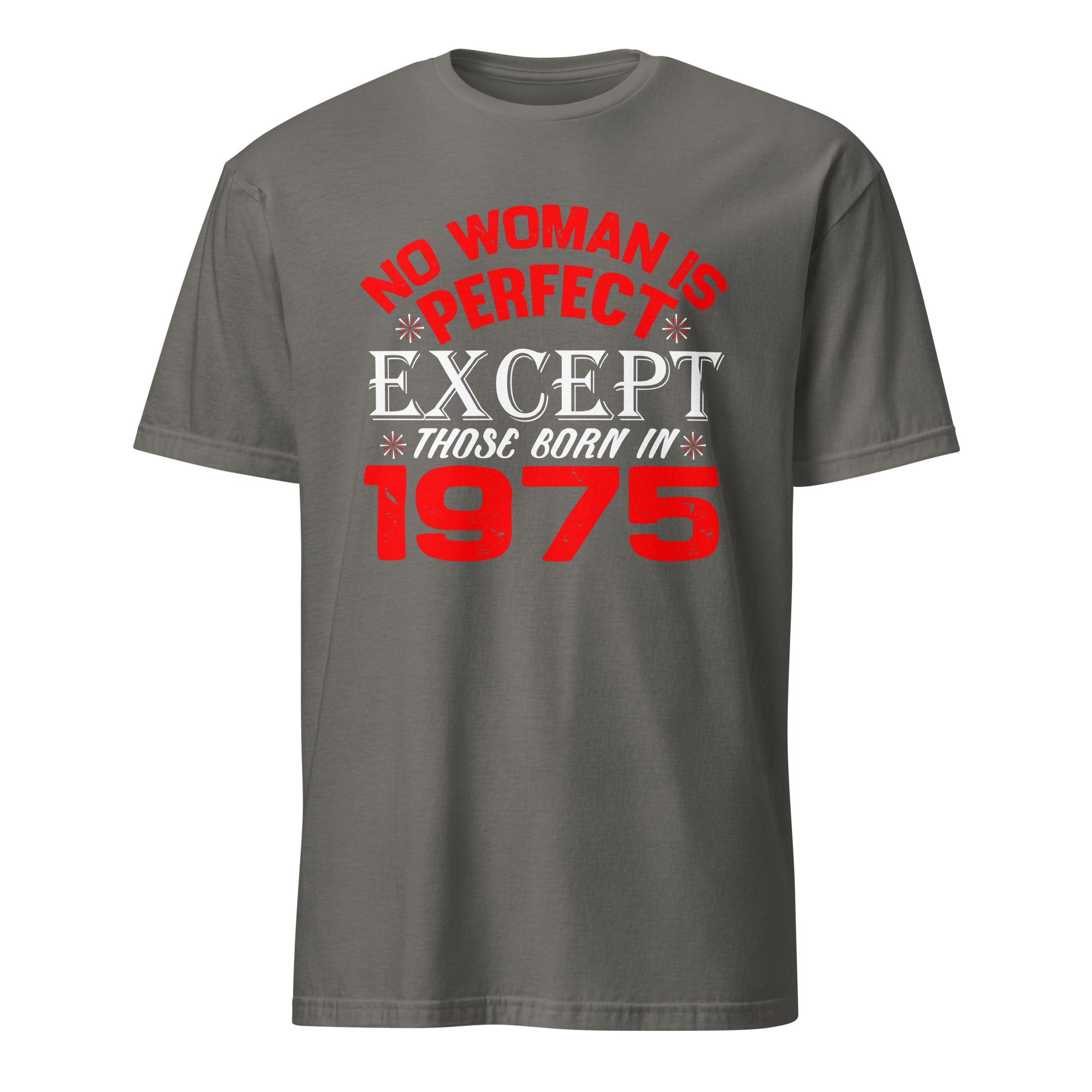 Dark Gray t-shirt with red and white text on a white background