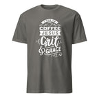 Dark gray t-shirt with white text on a white background