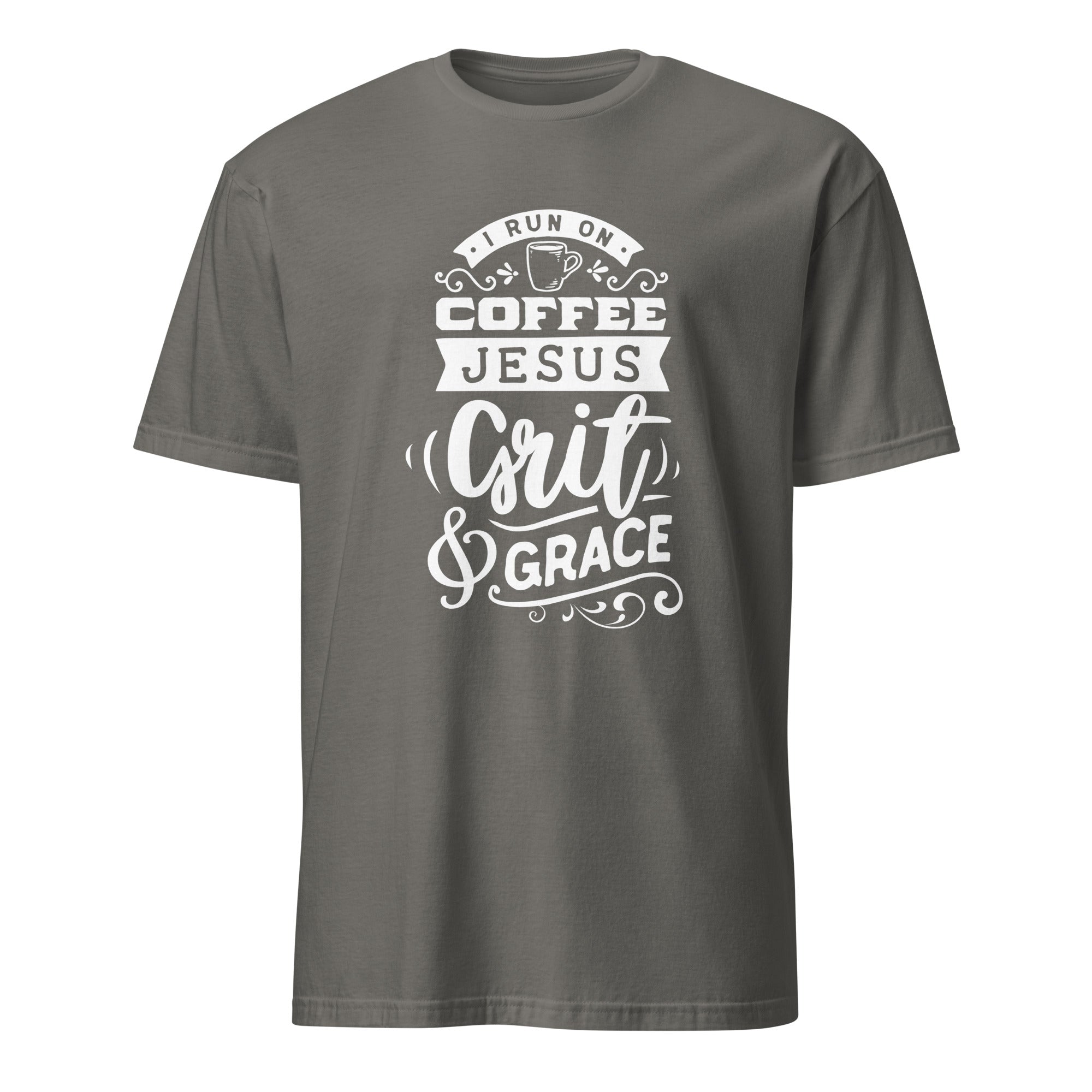 Dark gray t-shirt with white text on a white background
