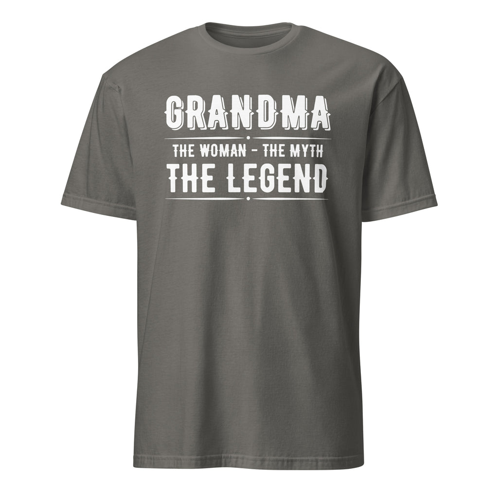Dark Gray t-shirt with white text 'GRANDMA THE WOMAN THE MYTH THE LEGEND' on a white background