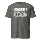 Dark Gray t-shirt with white text 'GRANDMA THE WOMAN THE MYTH THE LEGEND' on a white background