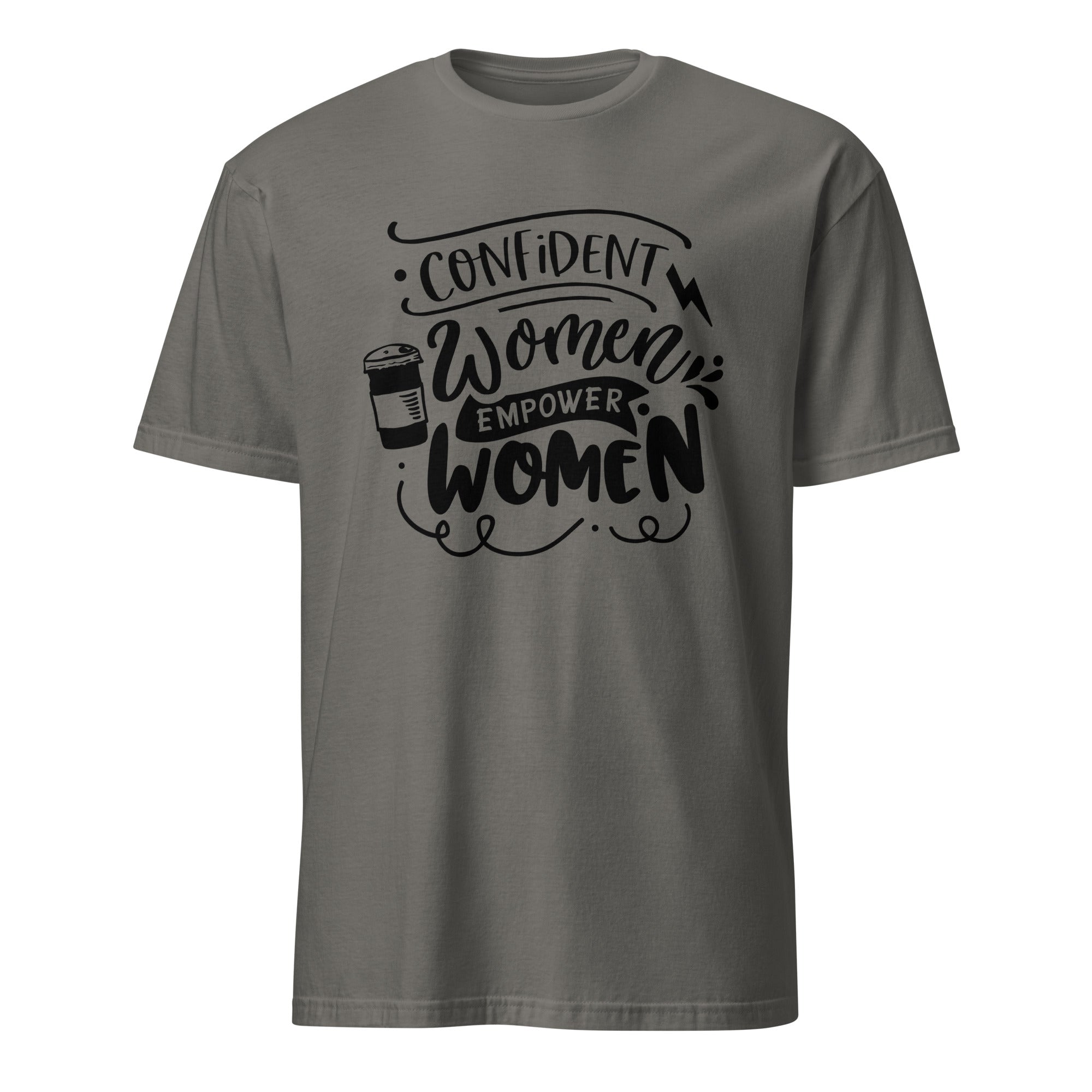 Gray t-shirt with black motivational text design on a white background