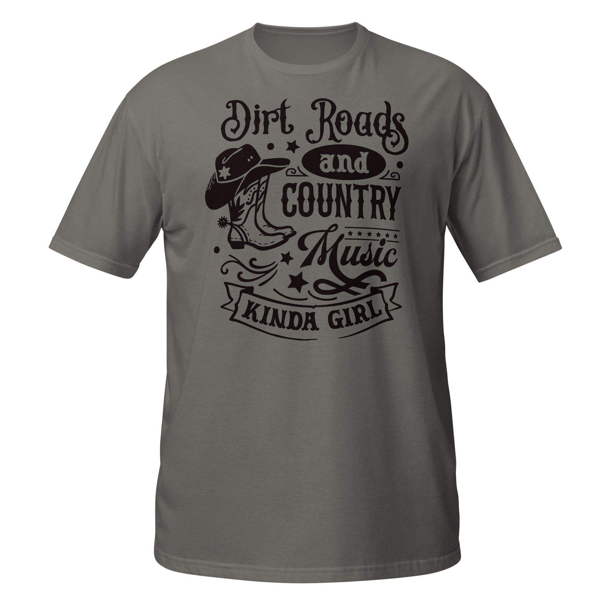 Dark Gray t-shirt with a graphic and text 'Dirt Roads and country Music Kinda Girl' on a white background