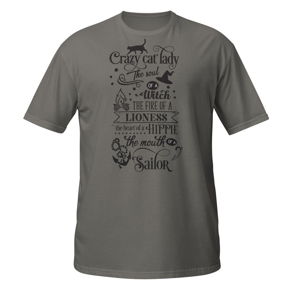 Dark Gray t-shirt with black text and graphics on a white background