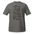 Dark Gray t-shirt with black text and graphics on a white background