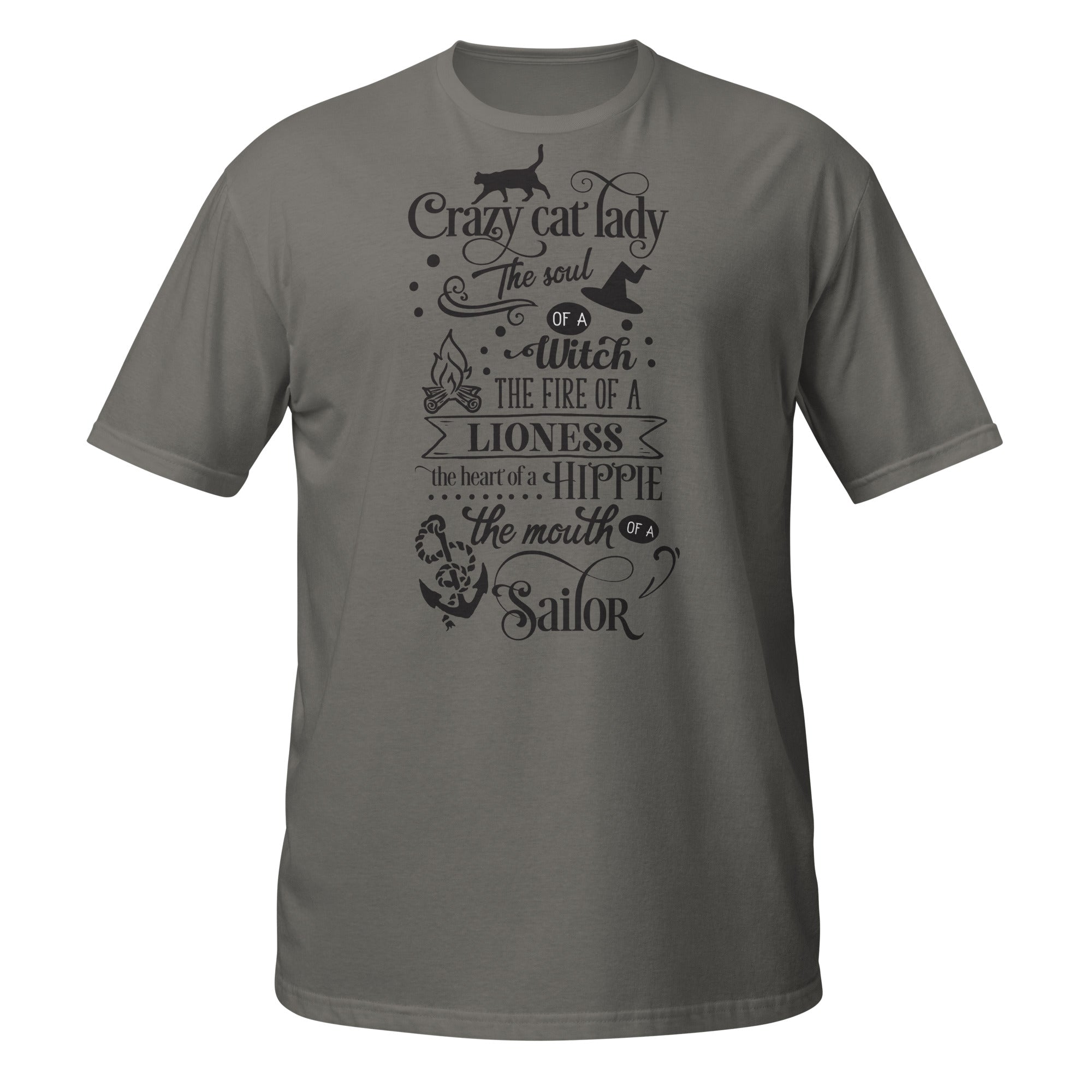 Dark Gray t-shirt with black text and graphics on a white background