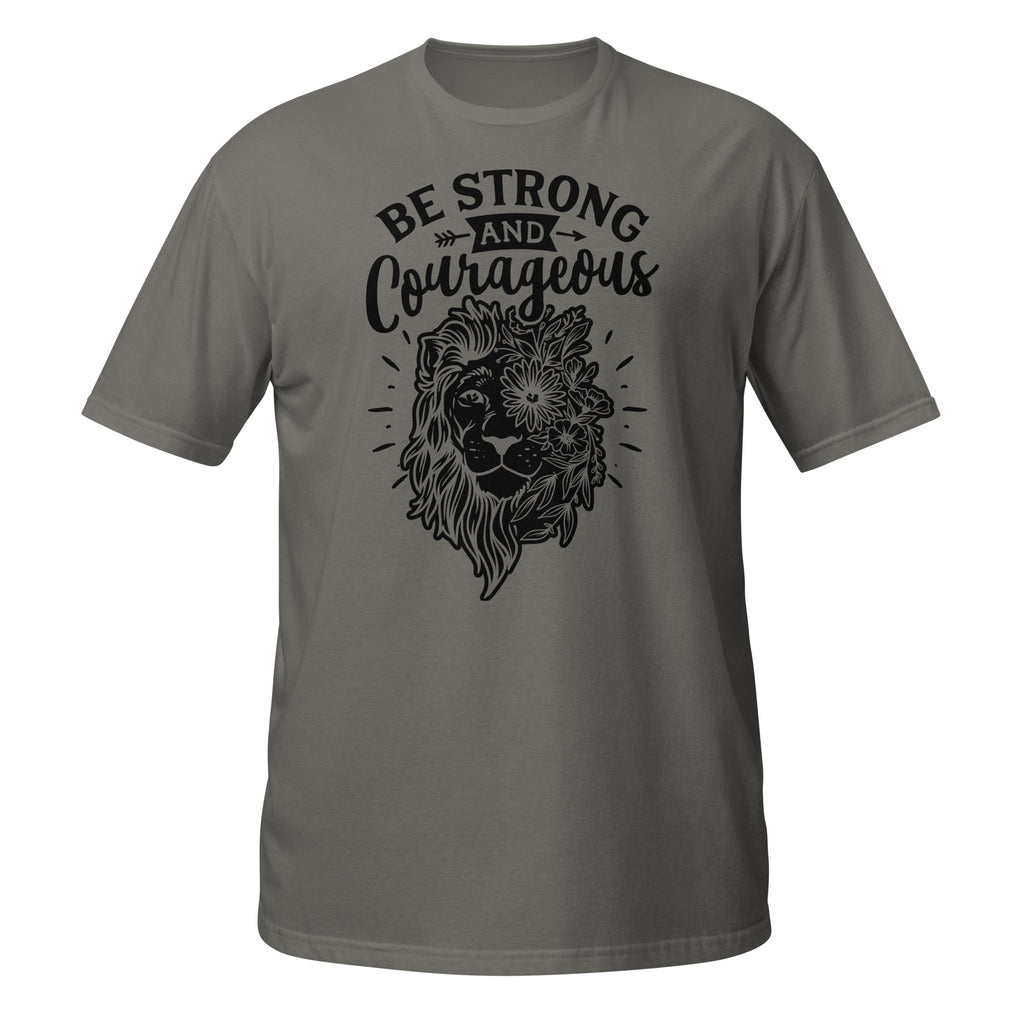 Dark Gray t-shirt with black lion graphic and 'Be Strong and Courageous' text on a white background