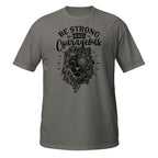 Dark Gray t-shirt with black lion graphic and 'Be Strong and Courageous' text on a white background