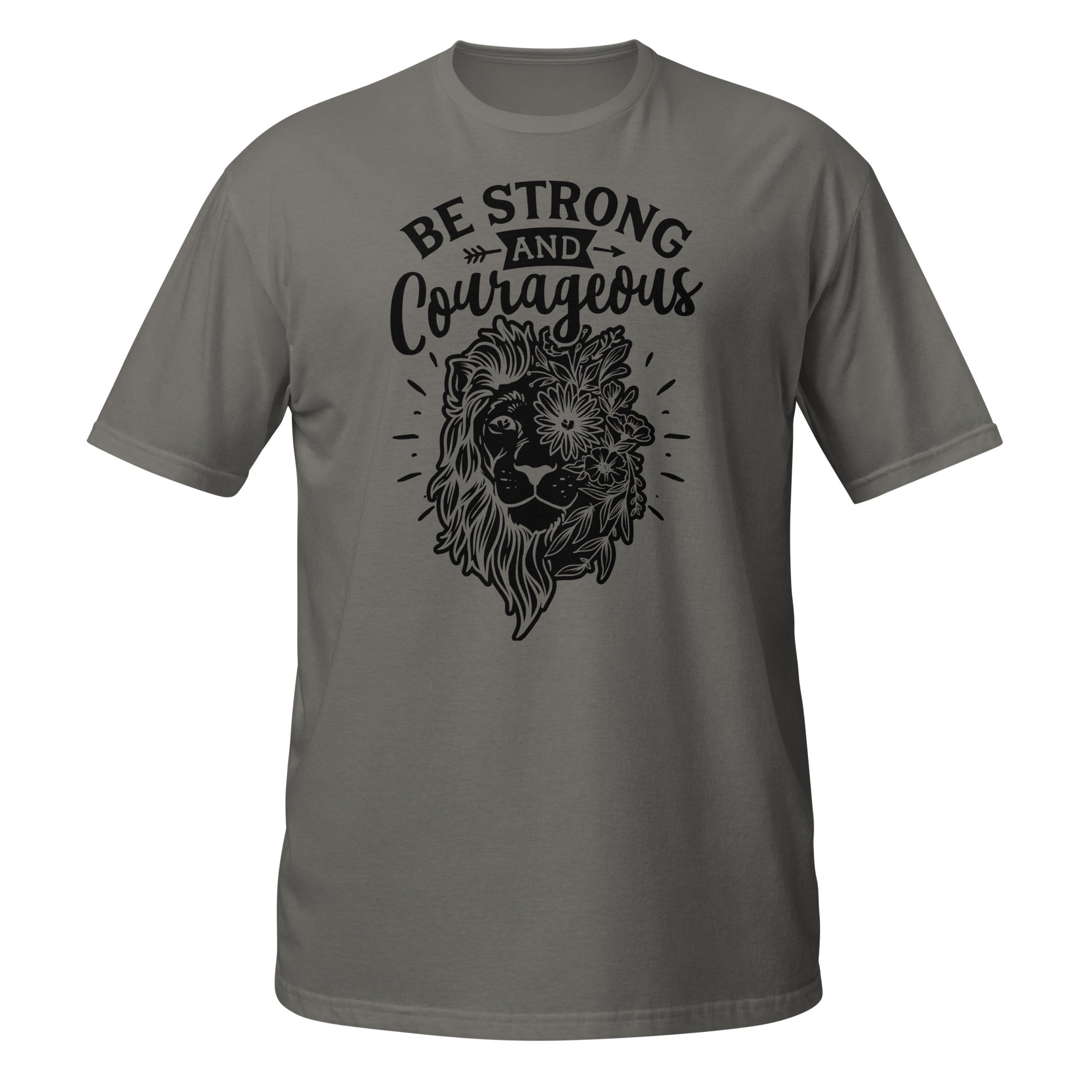 Dark Gray t-shirt with black lion graphic and 'Be Strong and Courageous' text on a white background