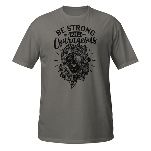 Dark Gray t-shirt with black lion graphic and 'Be Strong and Courageous' text on a white background