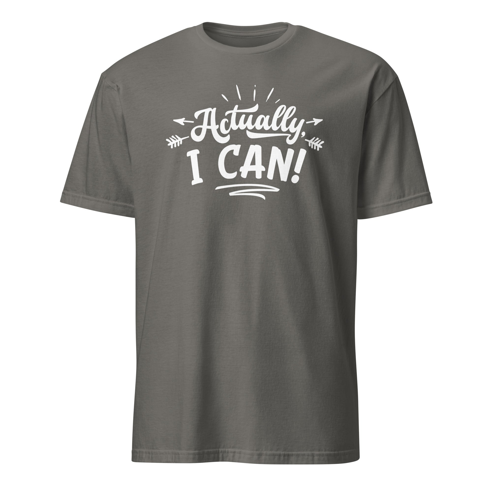 Dark Grey t-shirt with Actually I Can text on a white background