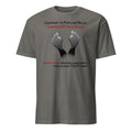 Charcoal t-shirt with text and footprints on a white background