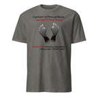 Charcoal t-shirt with text and footprints on a white background