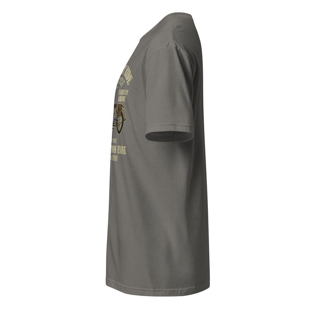 Left view of a plain charcoal t-shirt on a white background