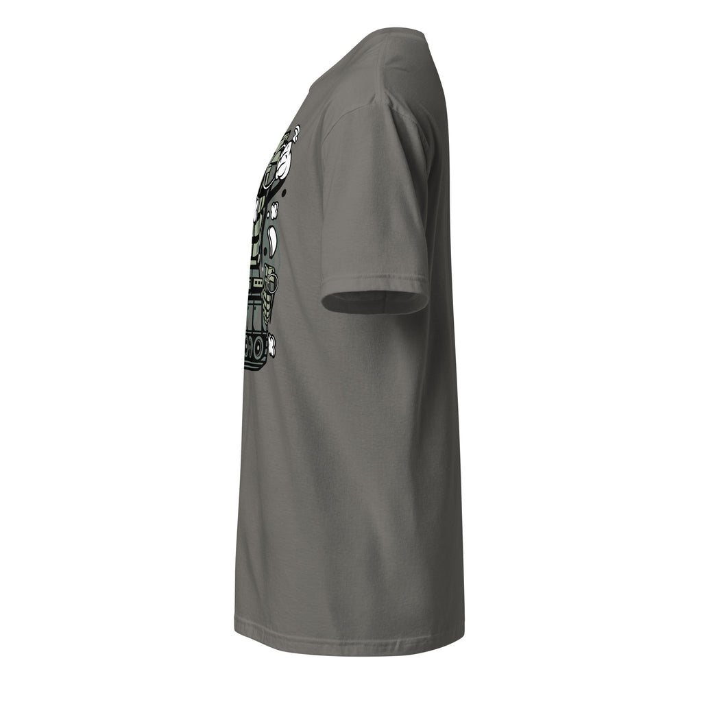 Left view of a plain charcoal t-shirt on a white background