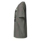 Left view of a plain charcoal t-shirt on a white background