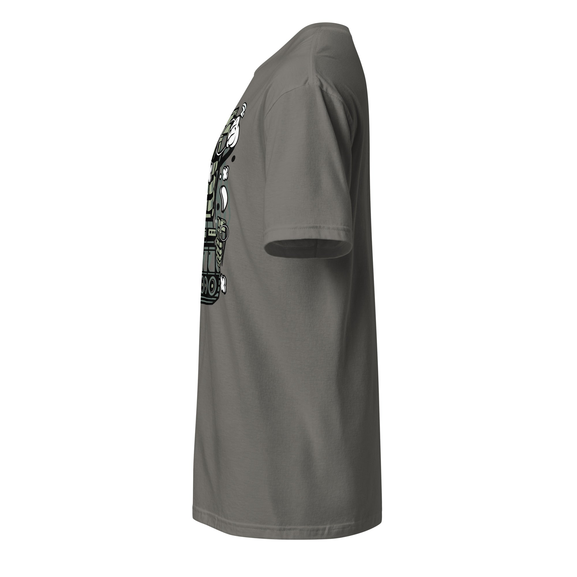 Left view of a plain charcoal t-shirt on a white background