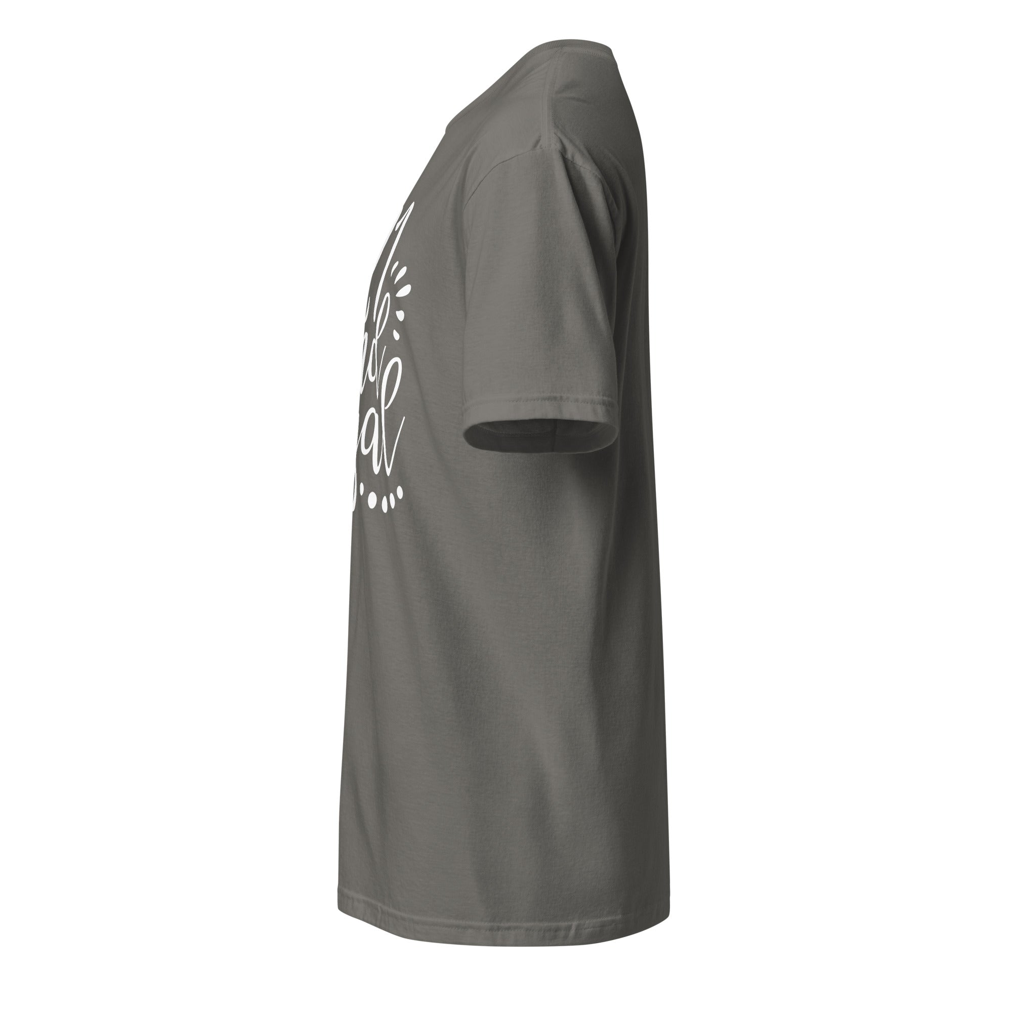 Left view of charcoal t-shirt on a white background