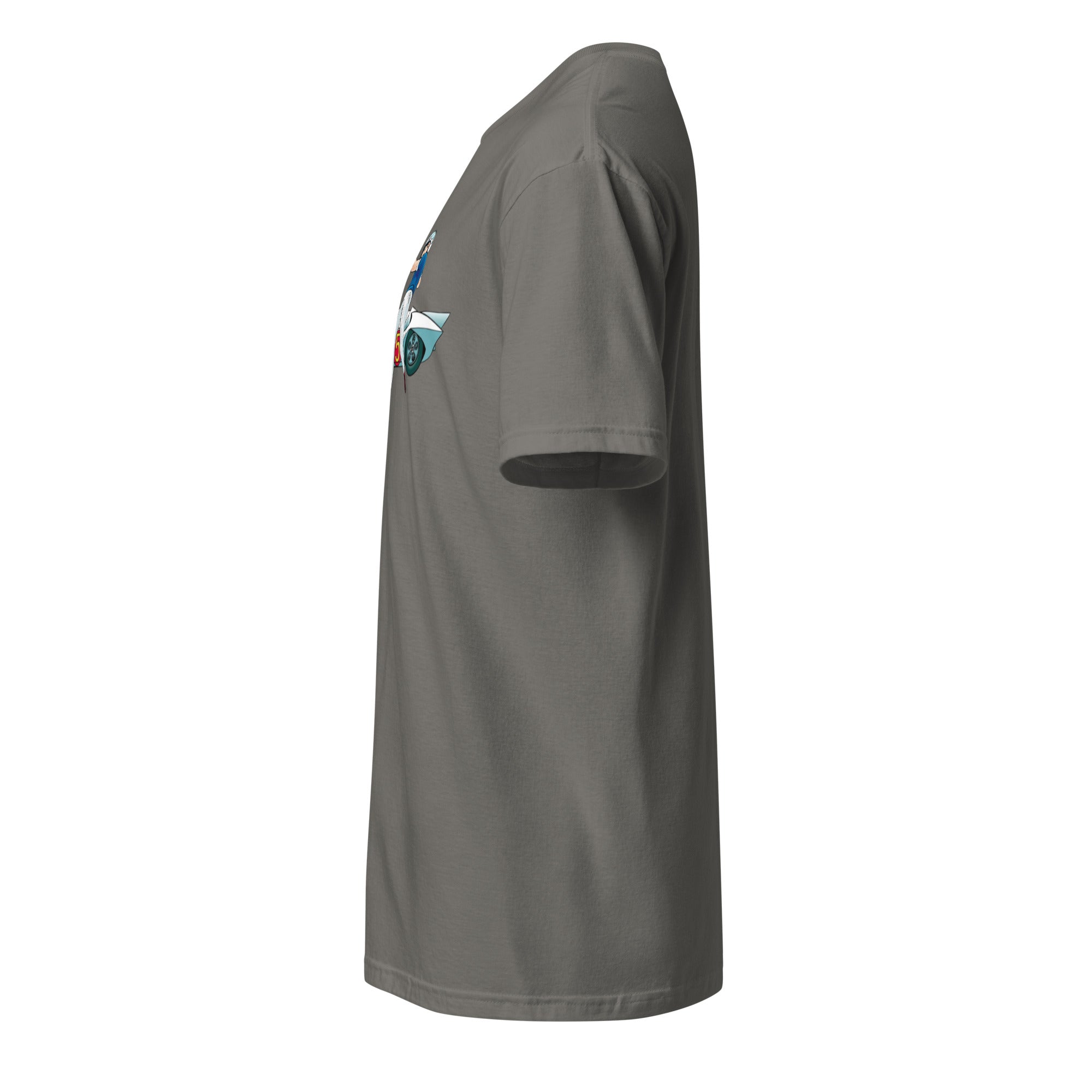 Left view of a charcoal t-shirt against a white background