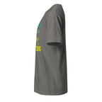 left view of a charcoal t-shirt on a white background 