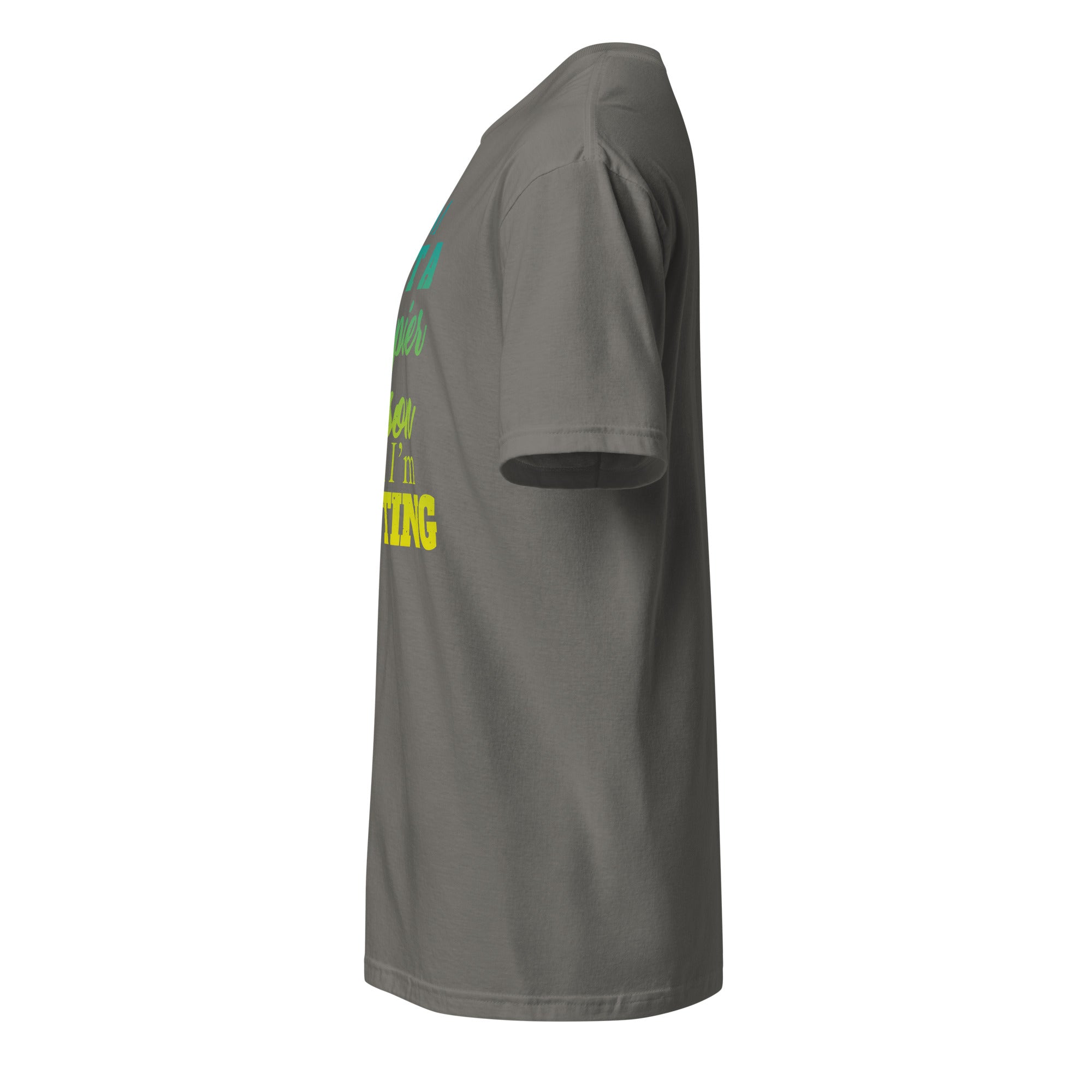 left view of a charcoal t-shirt on a white background 
