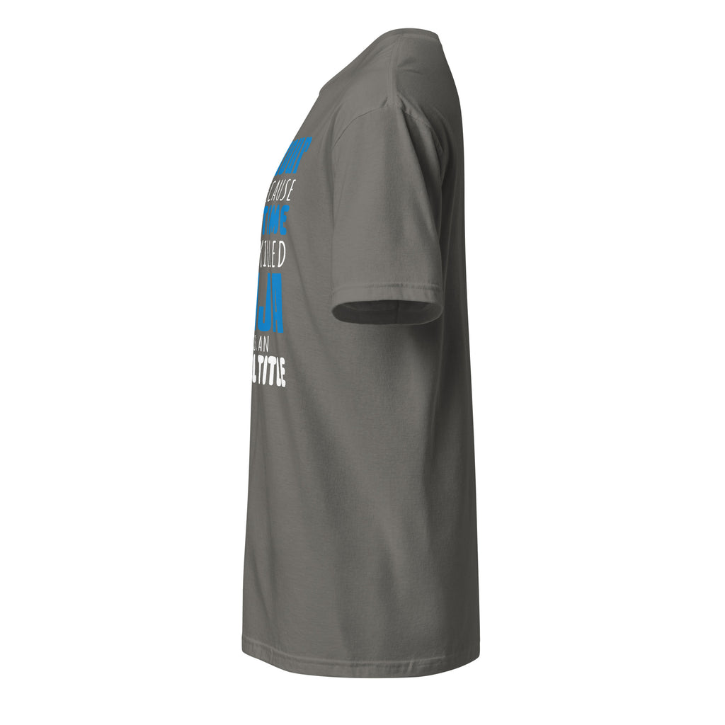 Left view of a plain charcoal t-shirt on a white background