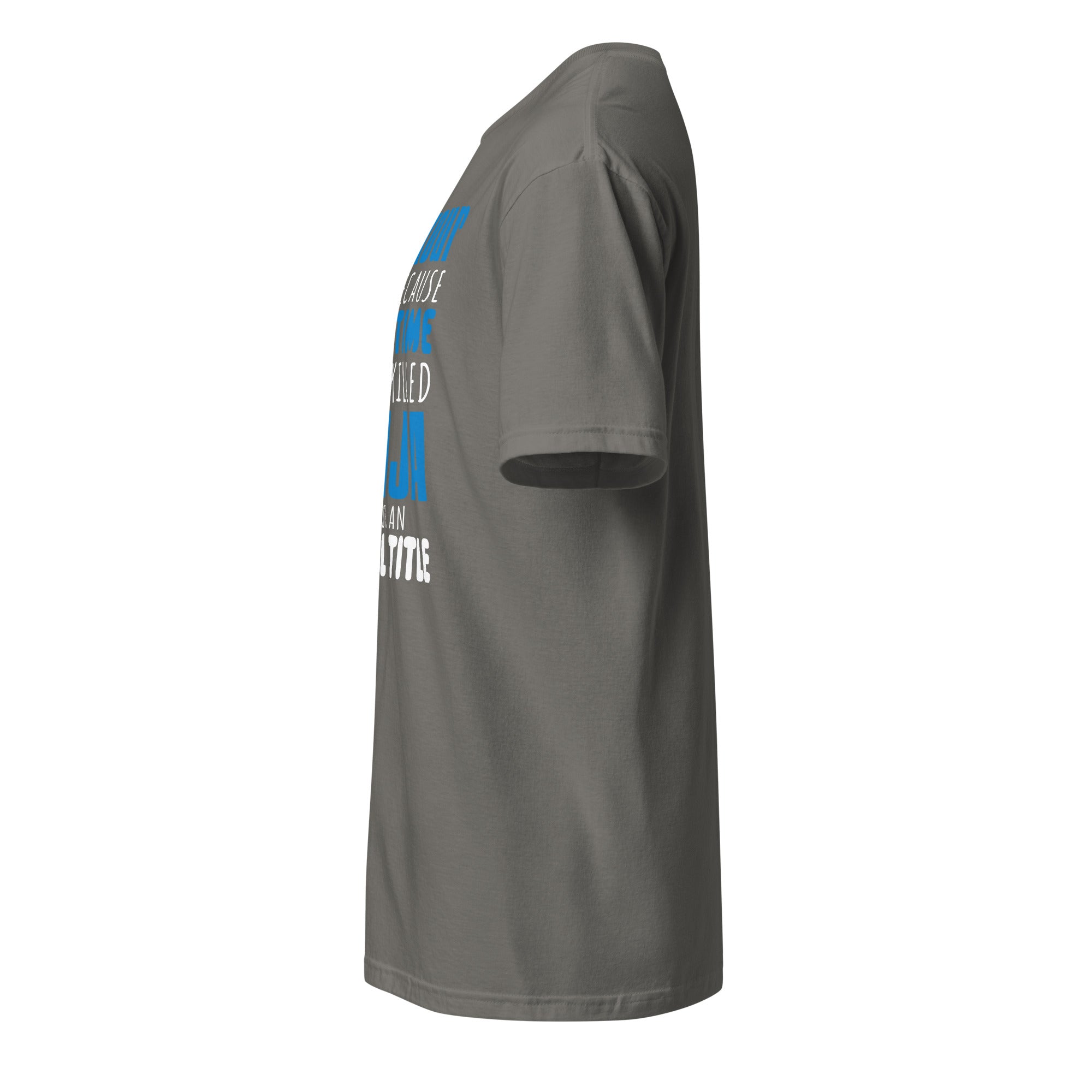 Left view of a plain charcoal t-shirt on a white background