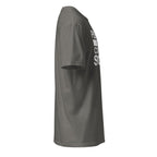 Dark Gray t-shirt right side with white text on the front on a white background