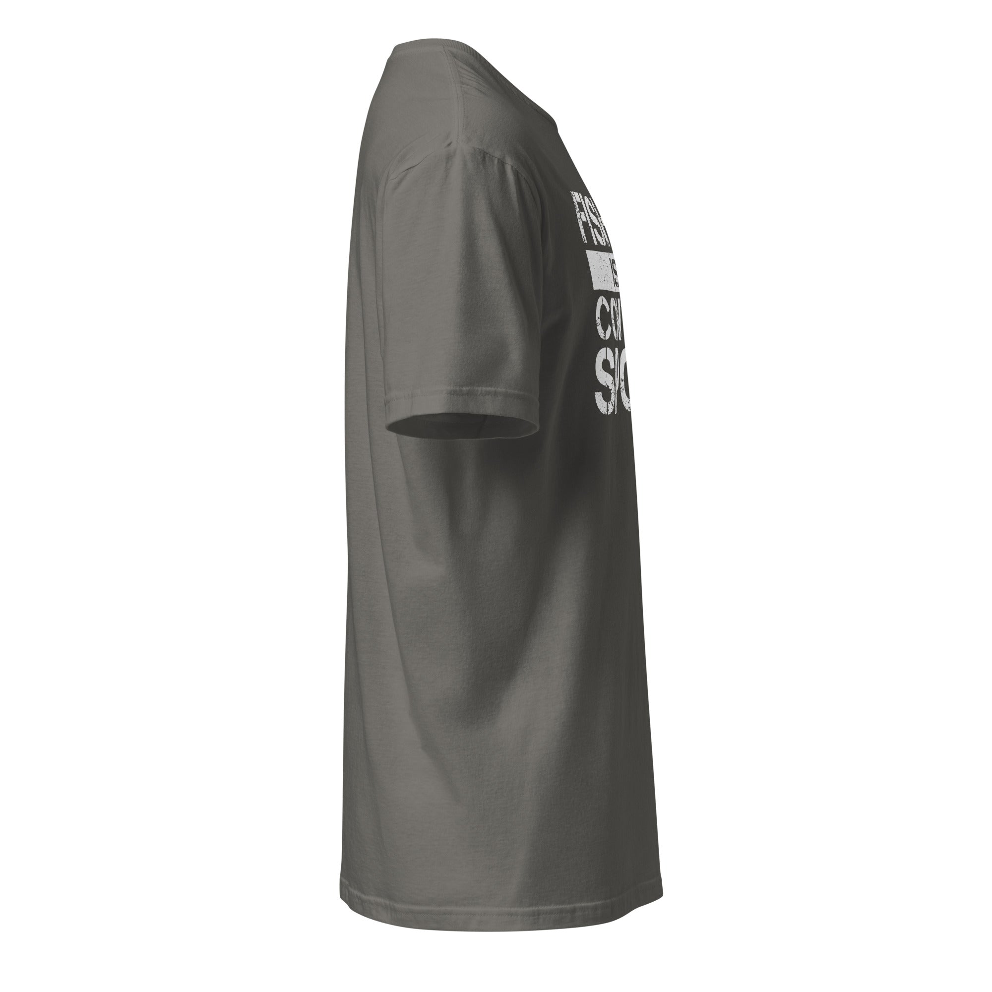 Dark Gray t-shirt right side with white text on the front on a white background