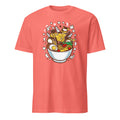 Coral t-shirt with a bowl of ramen graphic on a white background