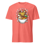 Coral t-shirt with a bowl of ramen graphic on a white background
