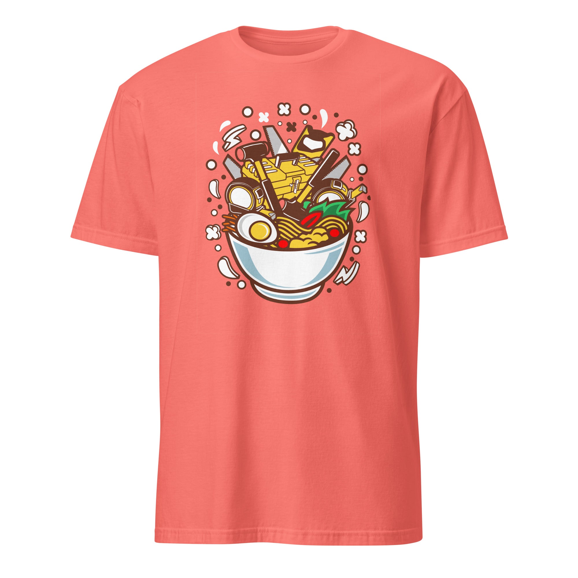 Coral t-shirt with a bowl of ramen graphic on a white background