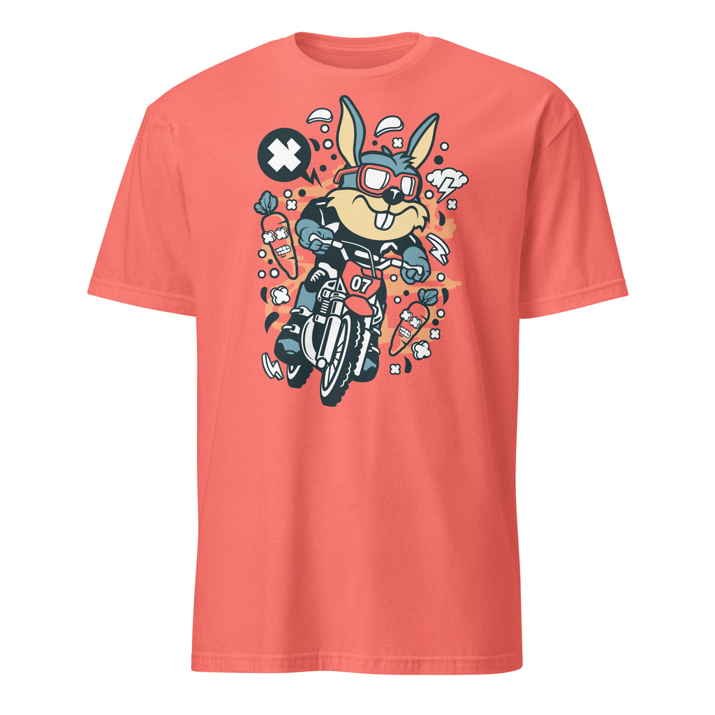Coral t-shirt with a cartoon character on a motorcycle design against a white background