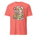 Coral t-shirt with a cartoon pig driving a car graphic on a white background