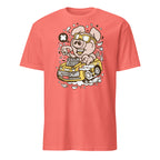 Coral t-shirt with a cartoon pig driving a car graphic on a white background