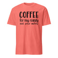 Coral t-shirt with black text 'COFFEE for my sanity and your safety' on a white background