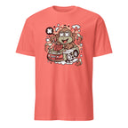 Coral t-shirt with a monkey graphic on a white background
