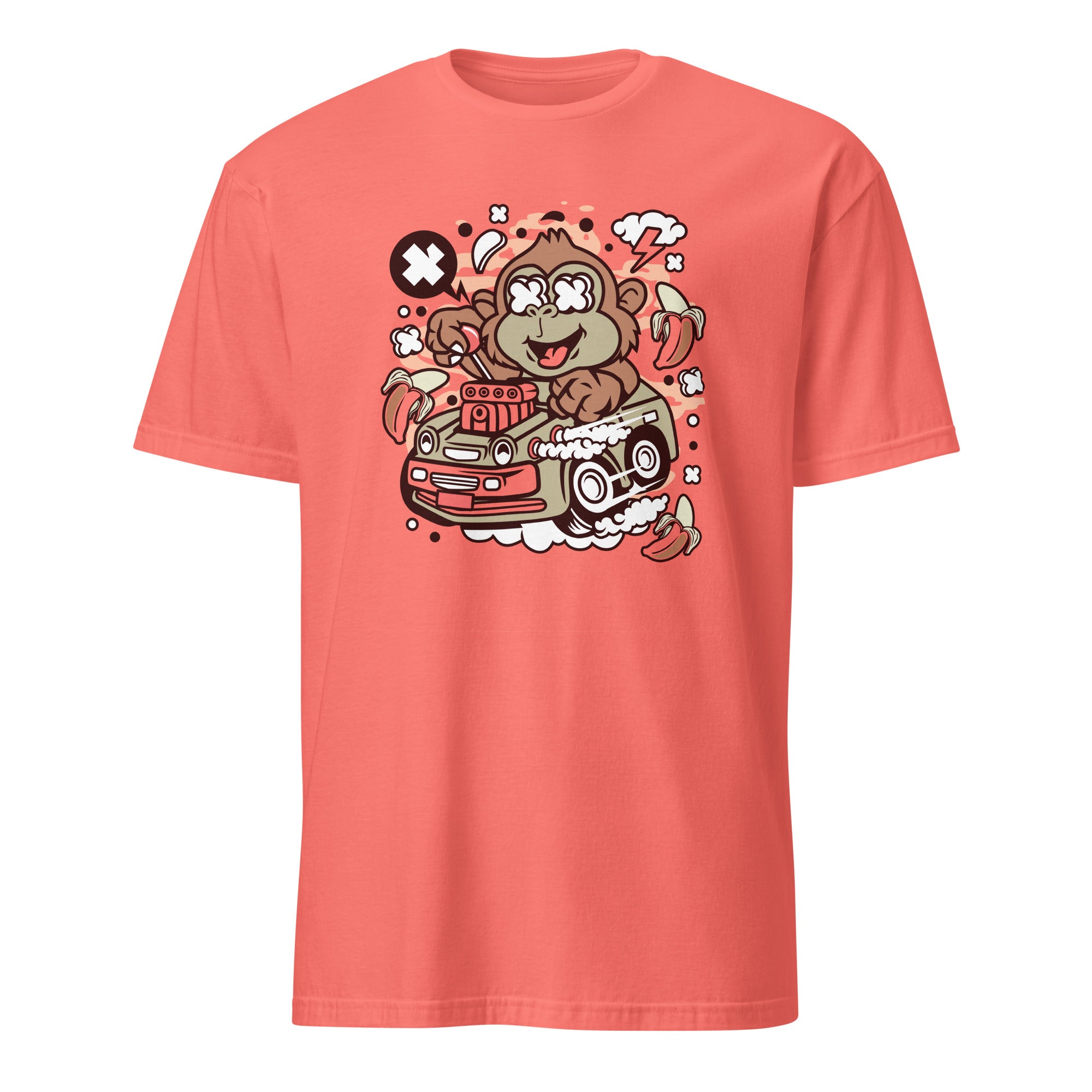 Coral t-shirt with a monkey graphic on a white background