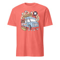 Coral t-shirt with a hot dog van graphic on a white background
